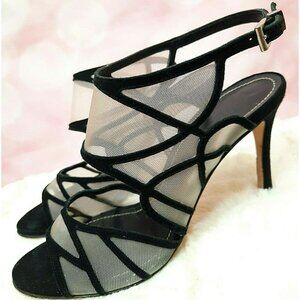 La Canadienne Black Suede Mesh Heels Sandals Size 39 US 8.5 Ankle Strap Italy